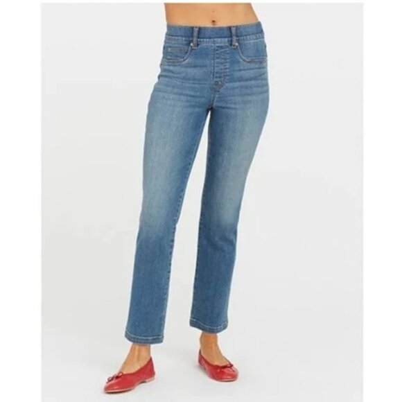 SPANX Blue Ankle Straight Leg High Rise Pull On Slimming Jeans Size Large Petite - Picture 1 of 12